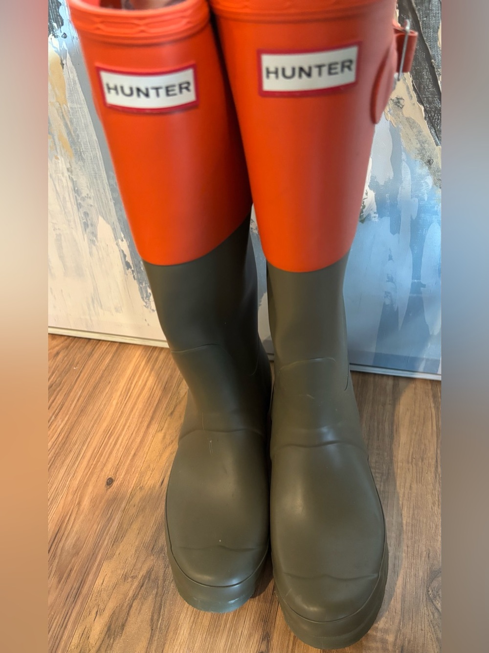 Hunter Two-Tone Orange and Olive Green Women's Rain Boots